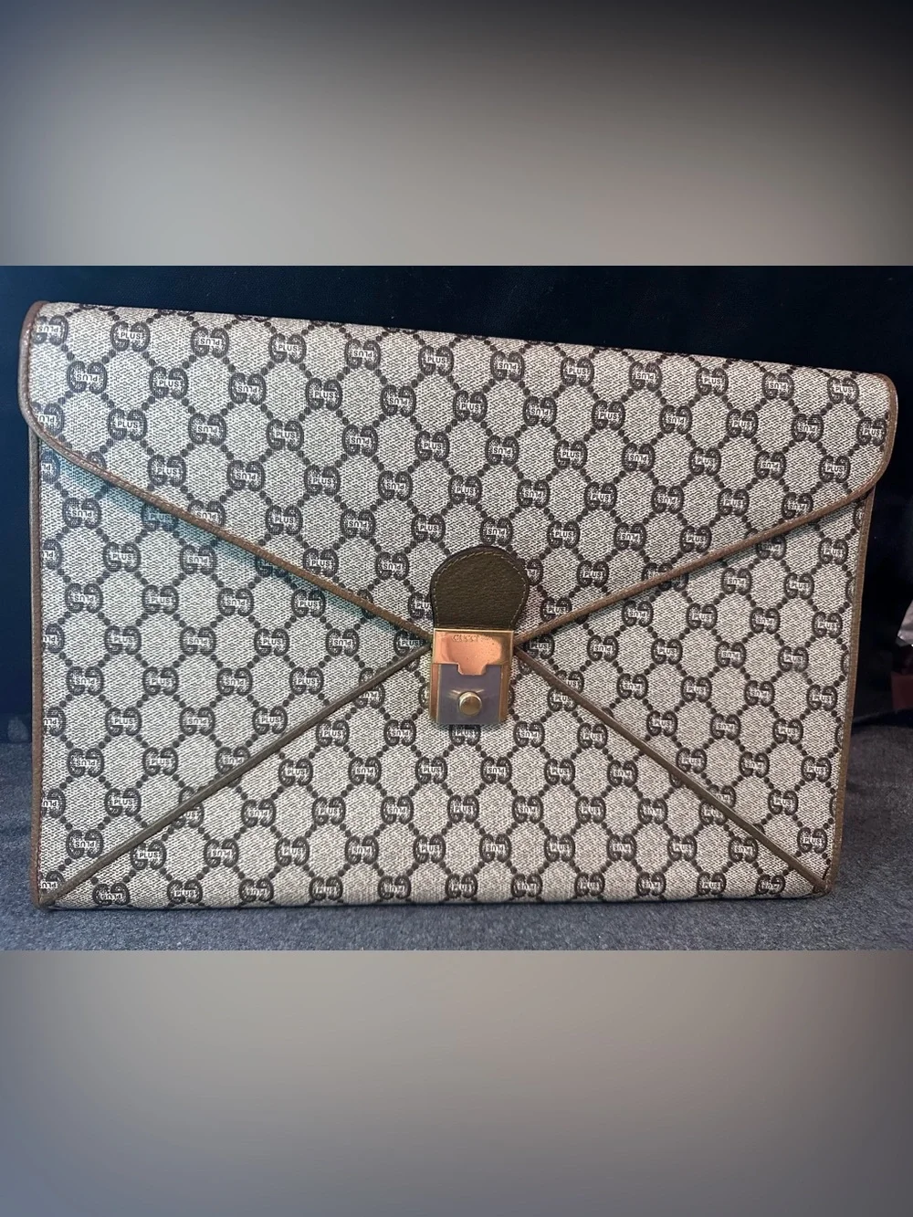 Gucci Plus Brown/Beige Envelope Clutch/Portfolio with Gold-Tone Lock